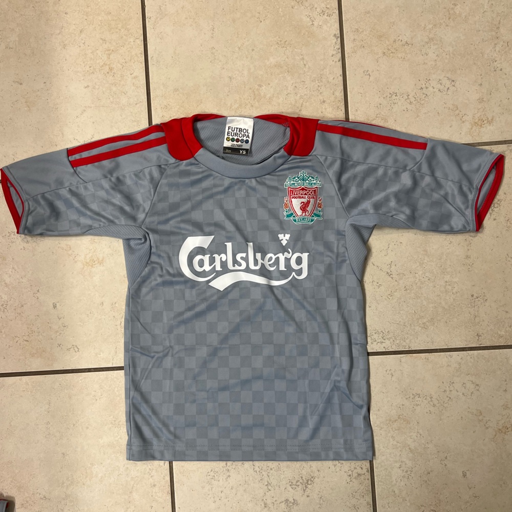 Gray and red Futbol Europa Carlsberg soccer jersey. Size youth small
